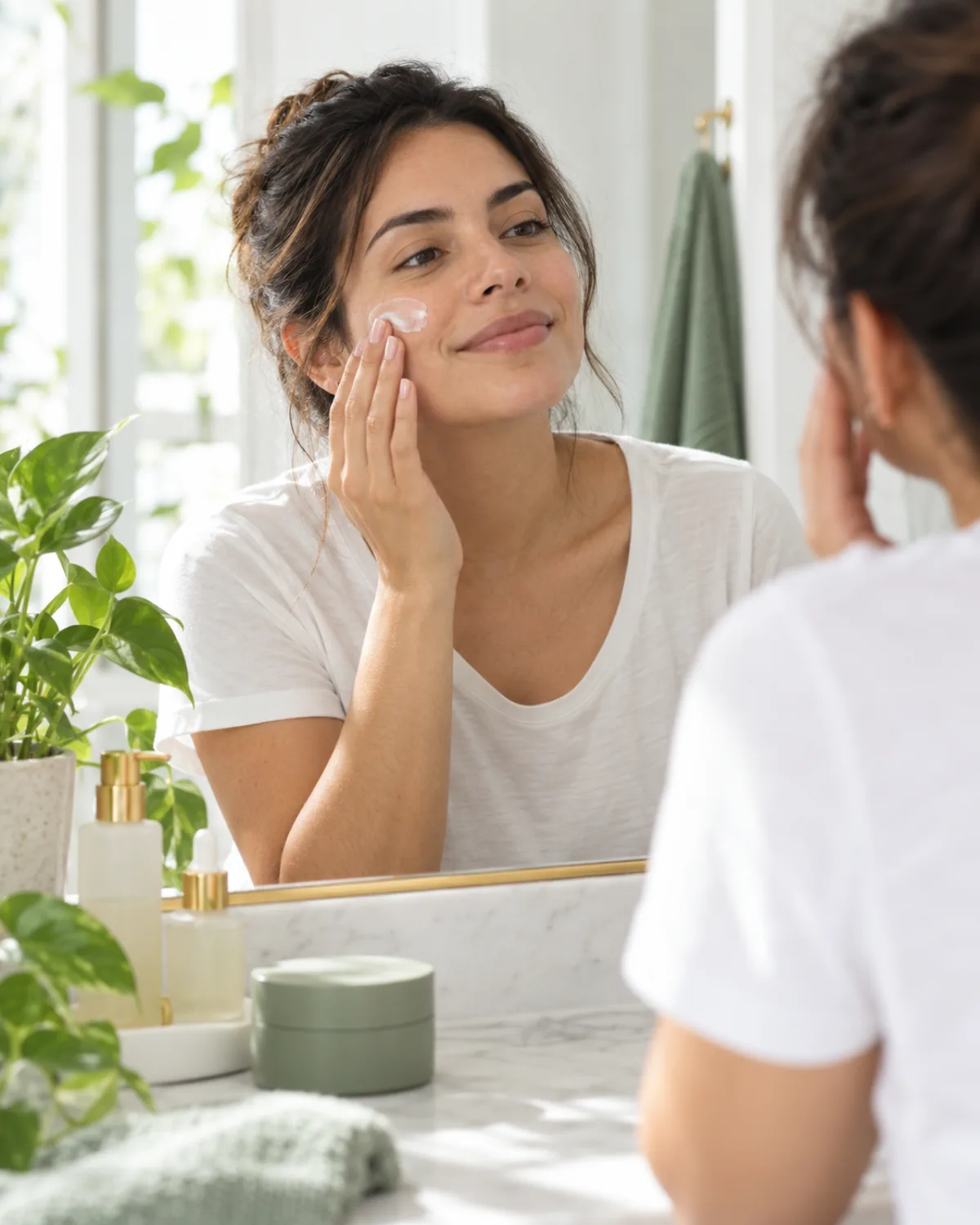Mujer aplicándose crema frente al espejo con luz natural de mañana